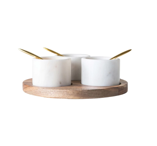 Round Acacia Wood Board W/ 3 Marble Pinch Pots & Brass Spoons 