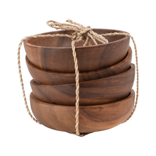 Acacia Wood Bowls W/ Abaca Tie  Set Of 4